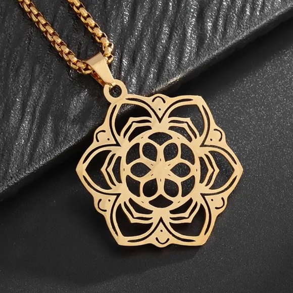 Gold Lotus Mandala Pendant Necklace – 18k Stainless Steel Spiritual Flower Charm - Picture 3 of 7